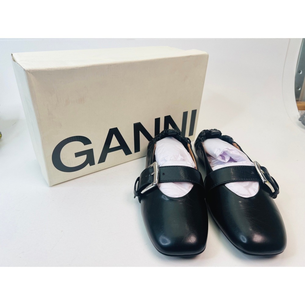 Ganni Black Leather Wide Buckle Ballerina Flats Square Toe S3117 EU 40 / US 9.5 - Picture 2 of 9